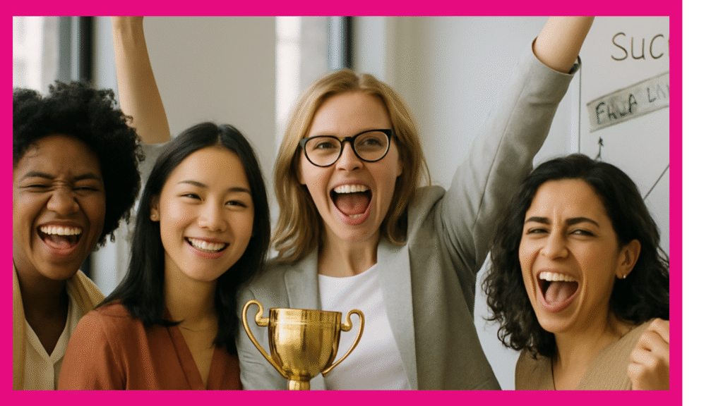 Three women celebrating the achievements of entrepreneurial women with a trophy