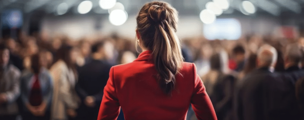 Woman in red blazer facing crowd symbolizing fortune 500 companies with women CEOs