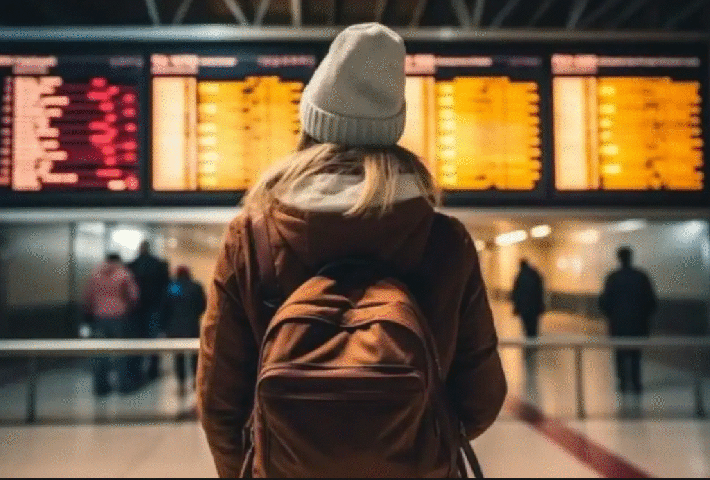 Traveler with decision making fatigue and a backpack at airport