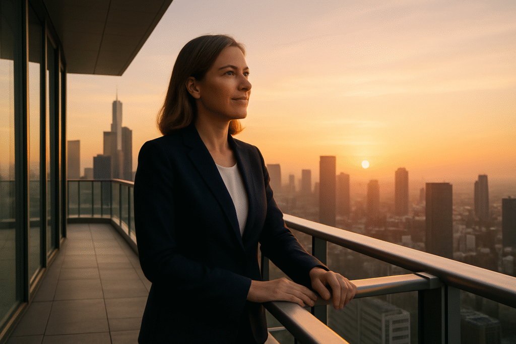 Female CEO overlooking city horizon represe