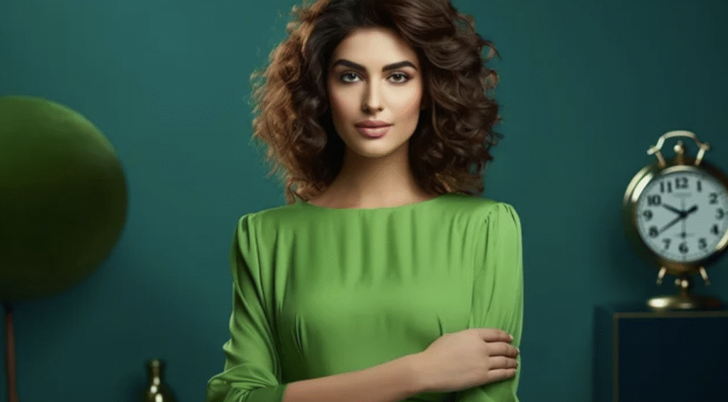 Confident female CEO in green dress demonstrating women in leadership presence