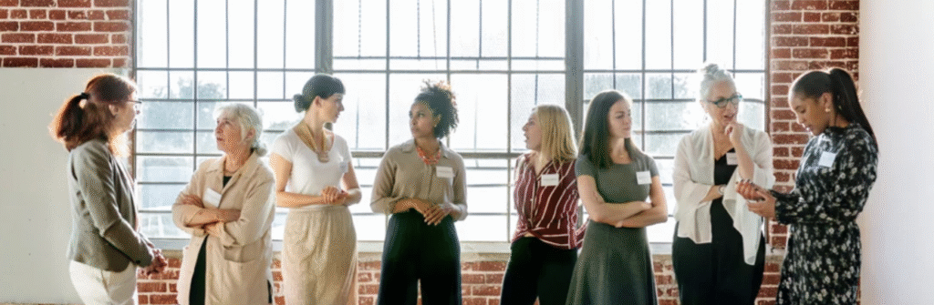 Diverse women in discussion highlighting networking success indicators