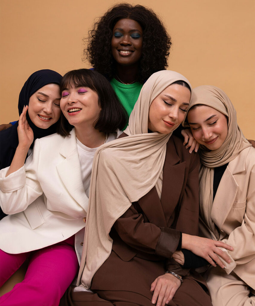 Group of different races women with their eyes closed reflecting on professional networking results and measuring networking success