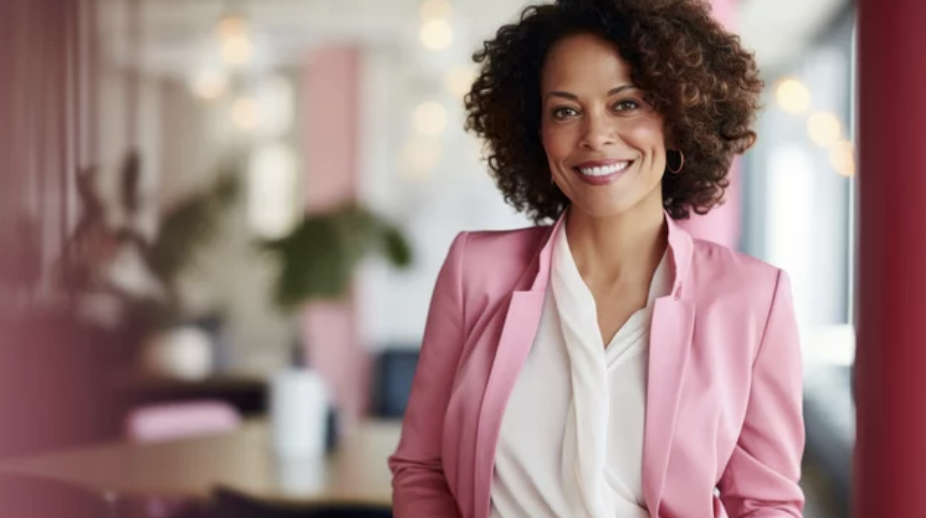 Smiling woman in pink blazer in office showing what to wear networking event style