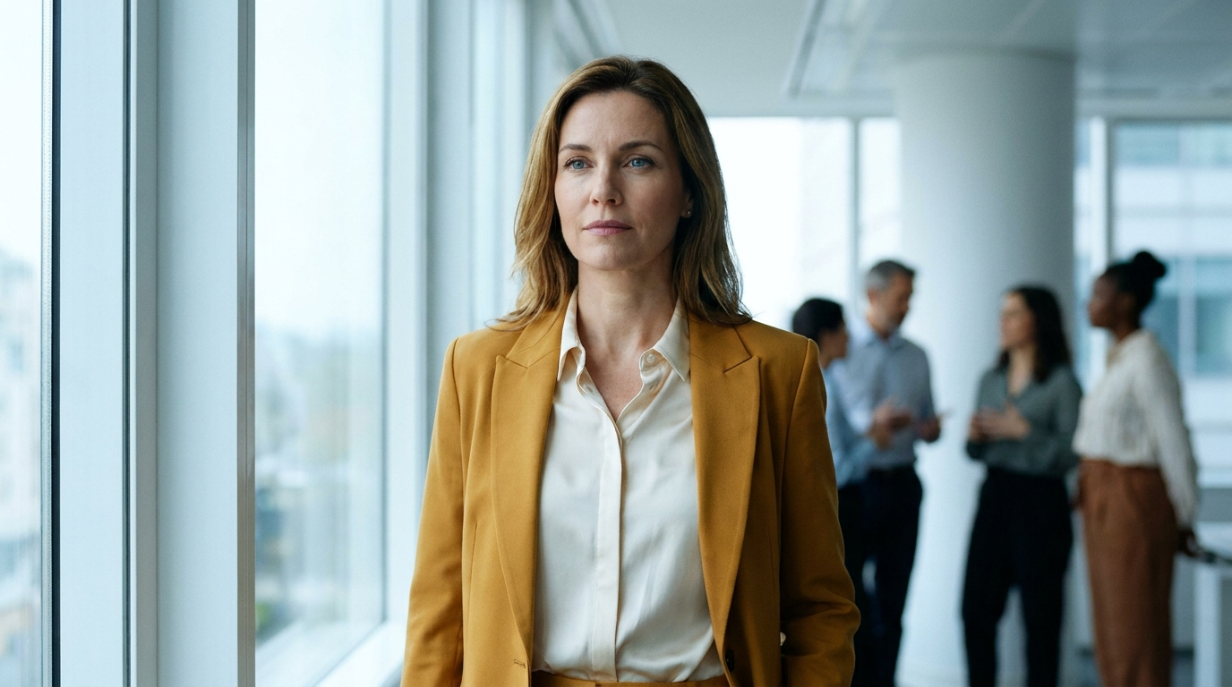 Confident professional woman by an office window, representing women in the workplace