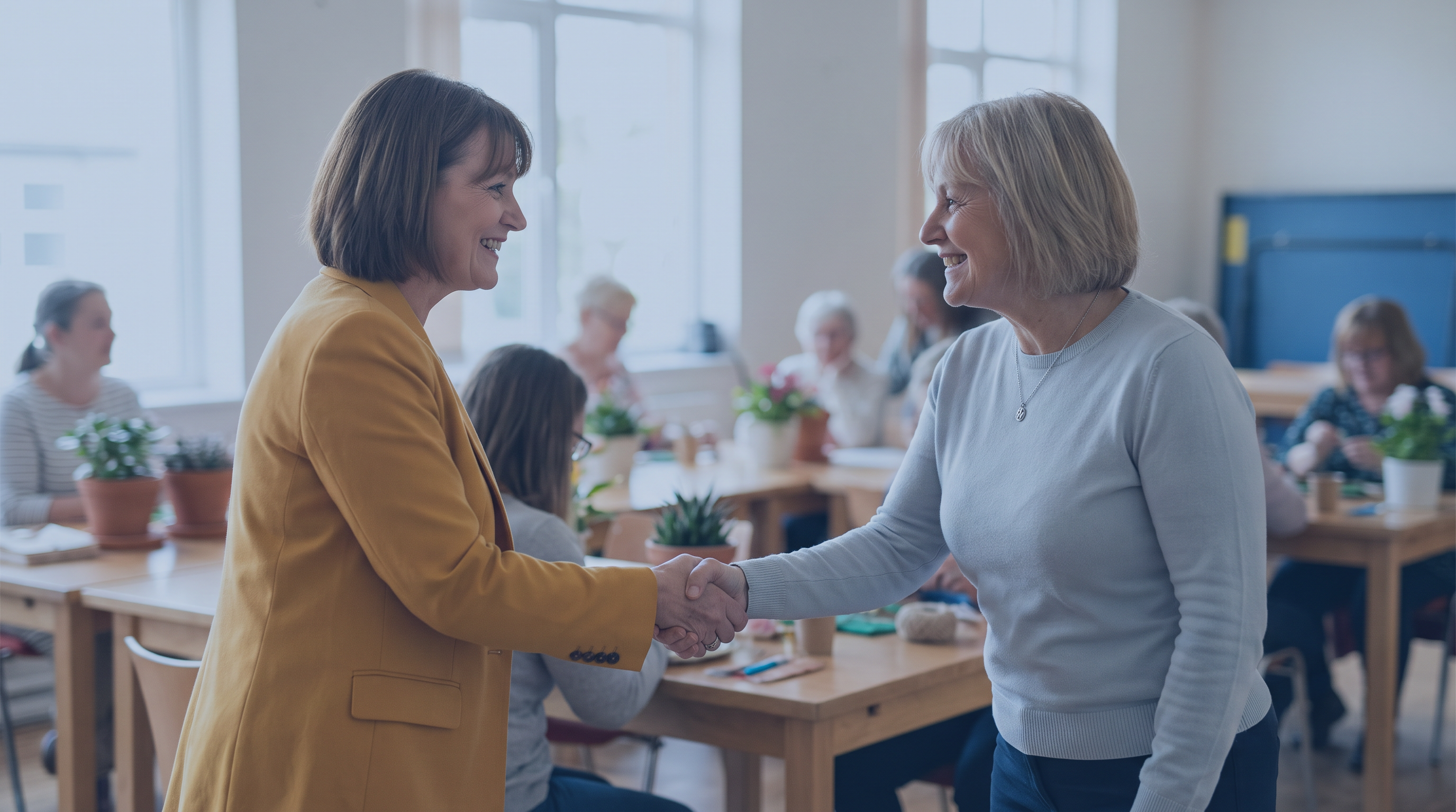 Two women business owners shaking hands at one of many women's networking groups