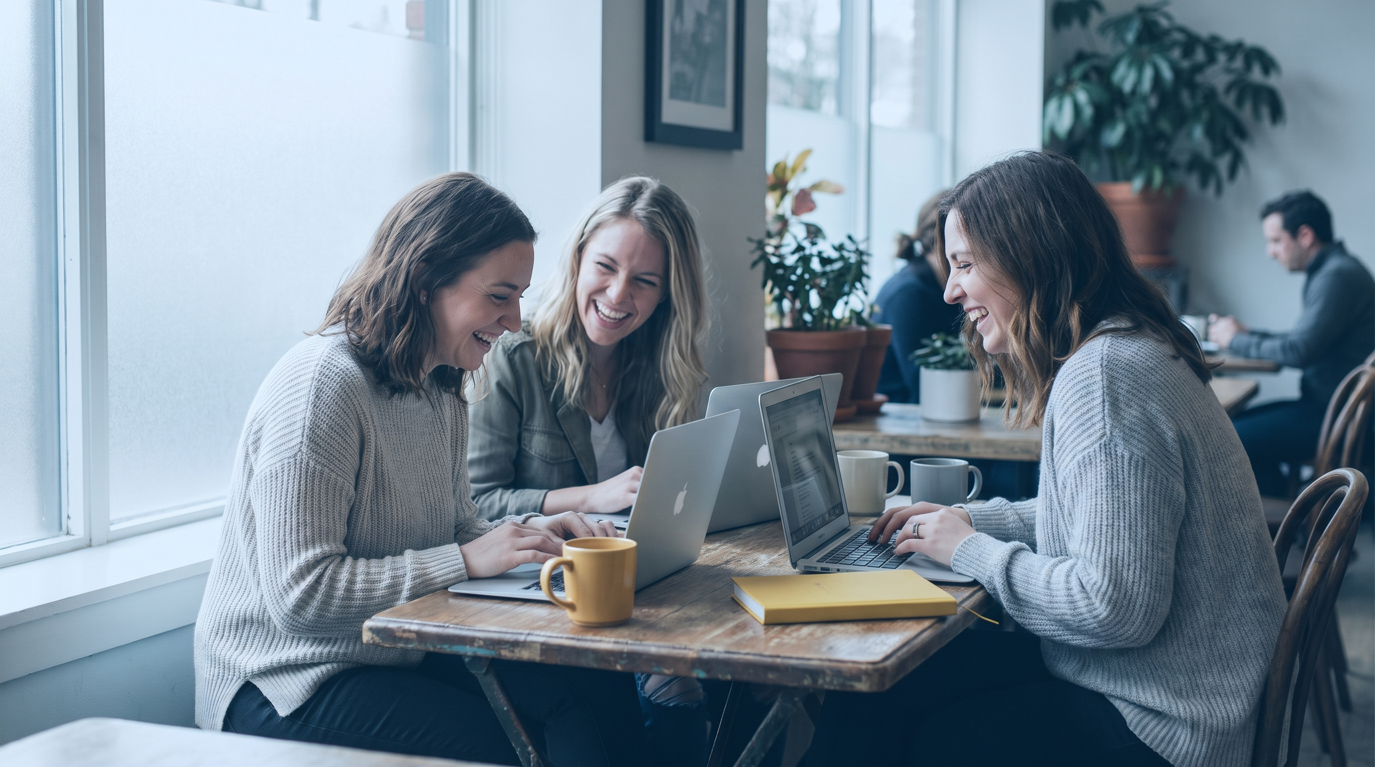 Three women founders laughing around a cafe table, the kind of bond a female founders network builds