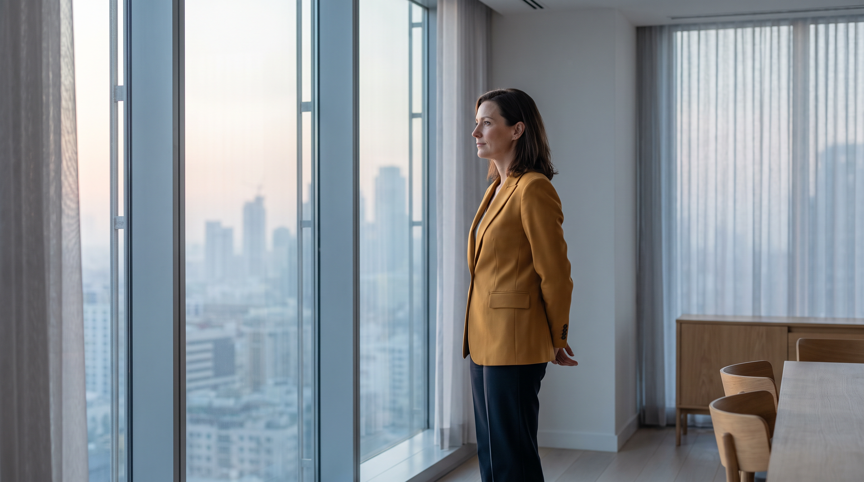 Confident woman executive by an office window, representing women in leadership