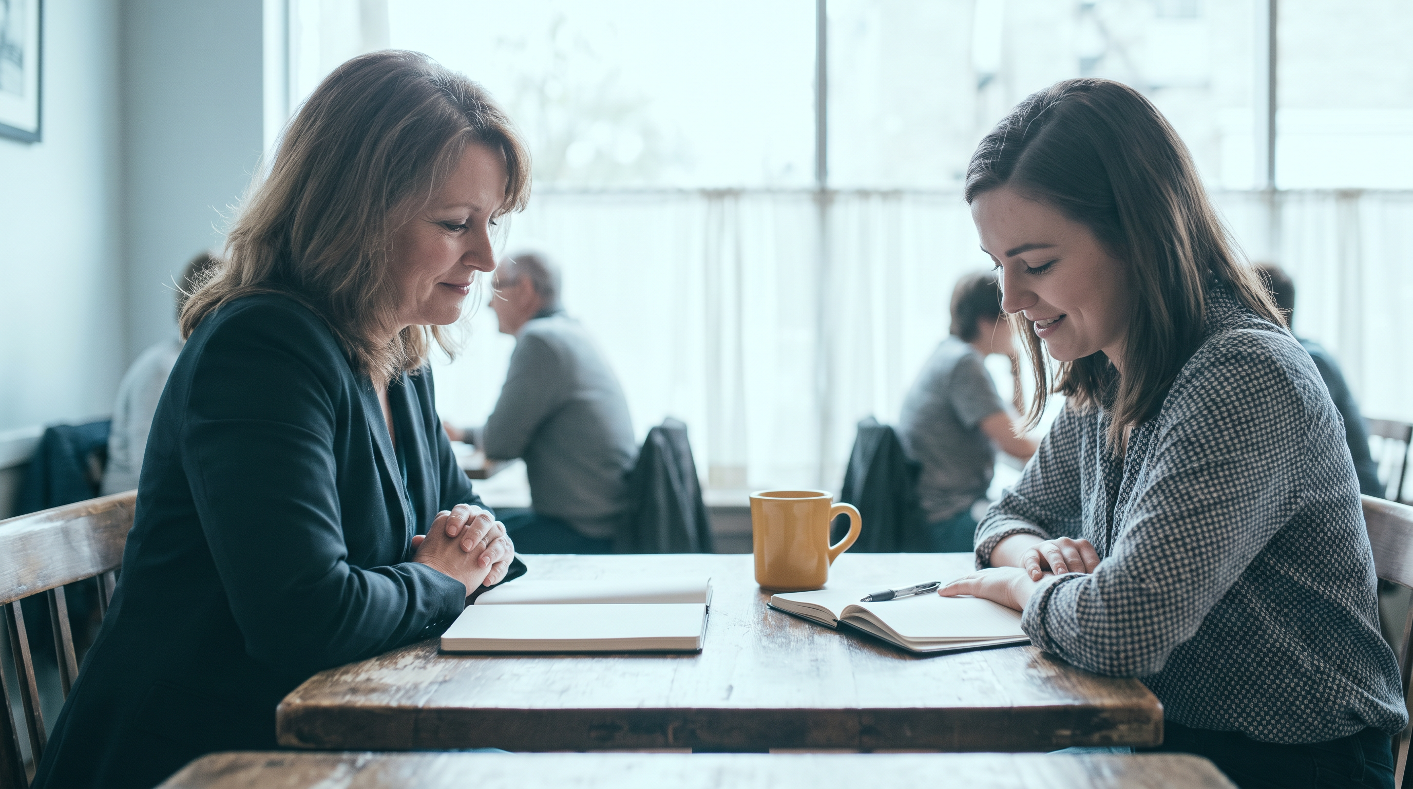 Woman executive mentoring a younger founder over coffee, showing how to find a mentor
