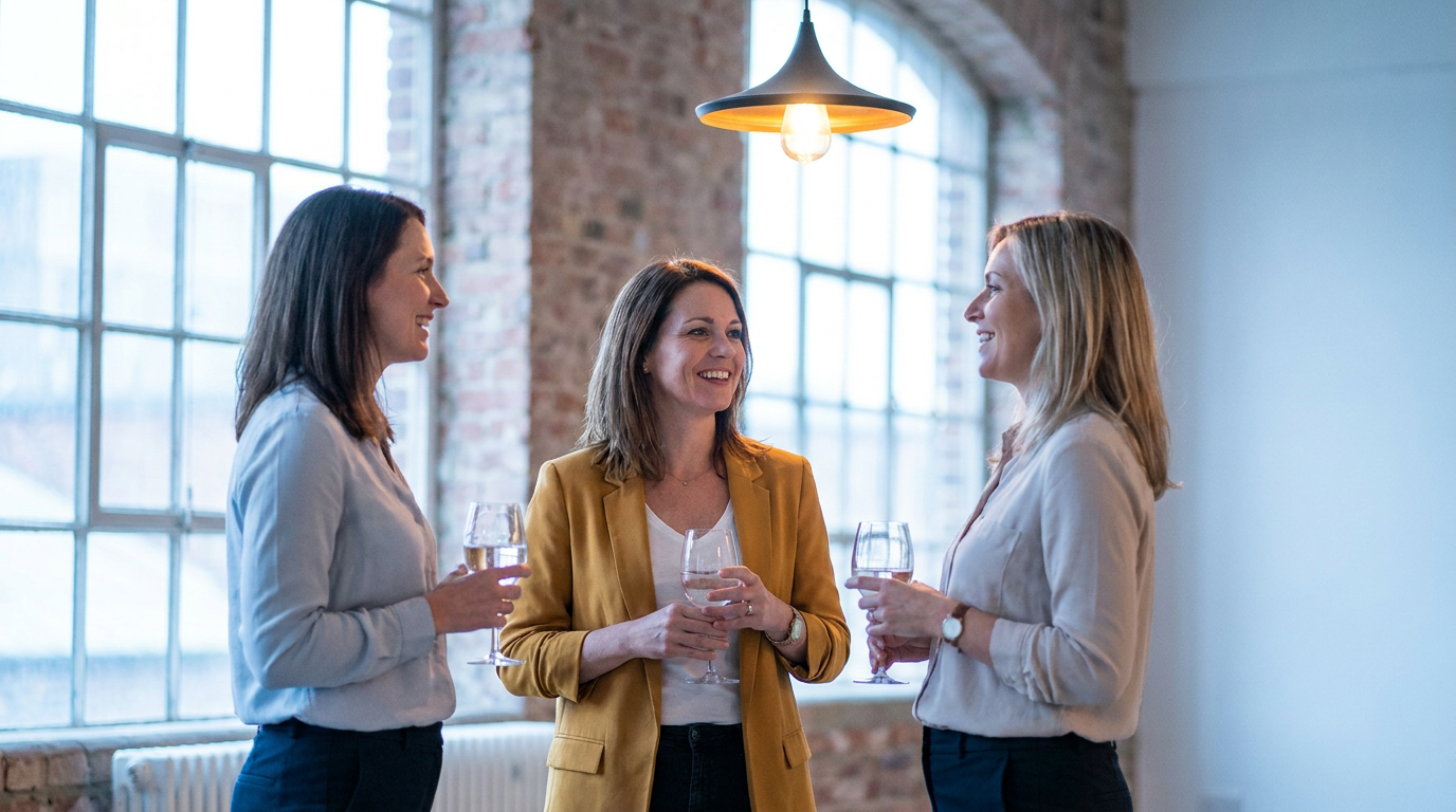 Professional women talking warmly at one of the best women networking events in a bright loft